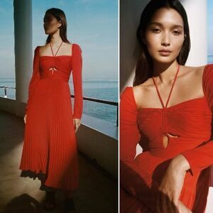 NWT Self-Portrait Red Orange Stretch Crepe Halter Cut Out Midi Dress Size 6